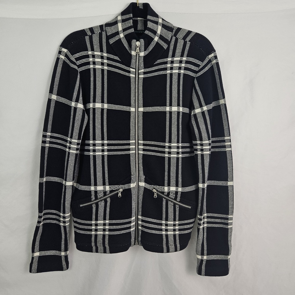 Ralph Lauren Large Black White Plaid Knit Sweater Jacket Zip Pockets